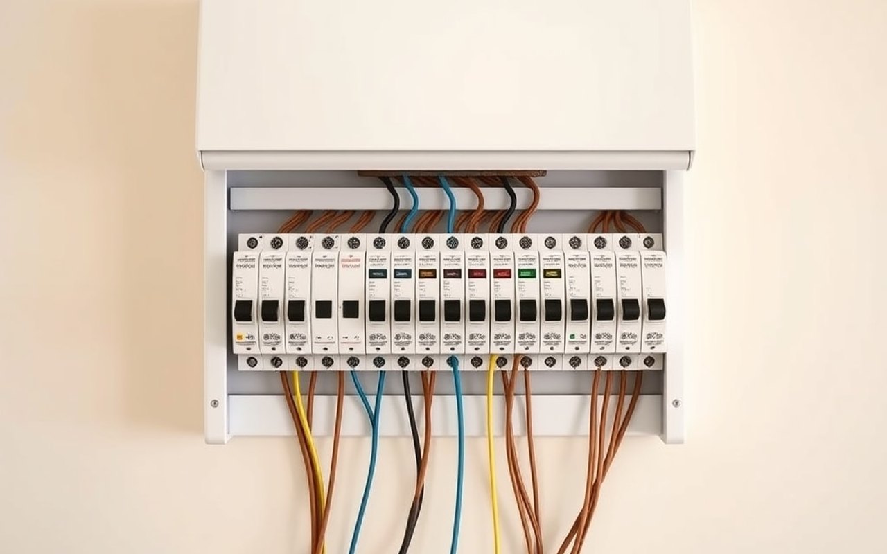 Tableau électrique neuf au capot relevé, rangée de disjoncteurs modulaires et câbles bruns, bleus et jaunes raccordés
