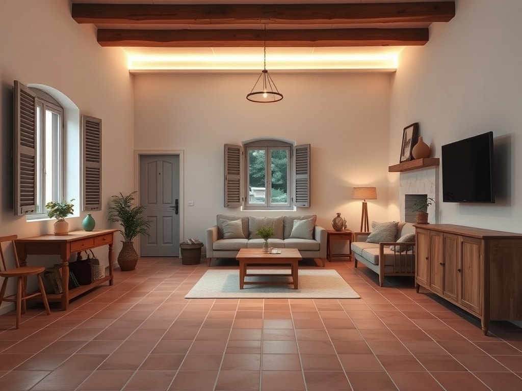 Séjour aux poutres apparentes et sol en tomettes, bandeau lumineux au plafond