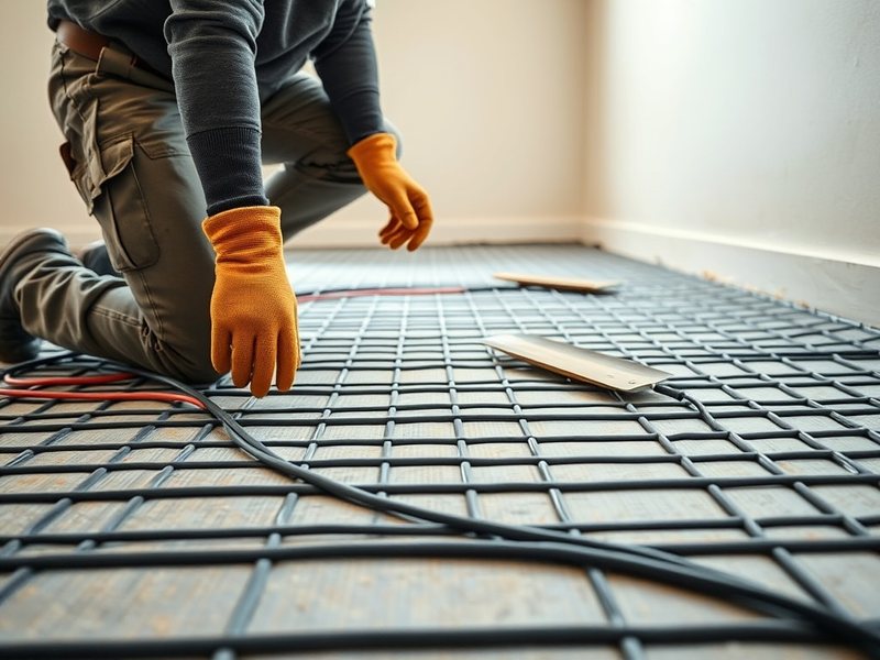 Pose d'un plancher chauffant électrique, câble déroulé sur trame au sol