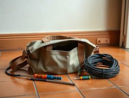 Sac à outils en toile ouvert au sol, tournevis et couronne de câble posés à côté