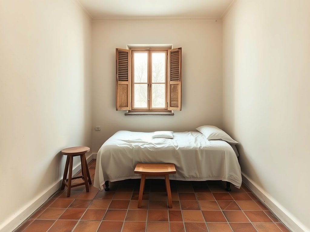 Chambre aux murs clairs et sol en tomettes, lit en linge blanc et tabouret bois sous une fenêtre à volets