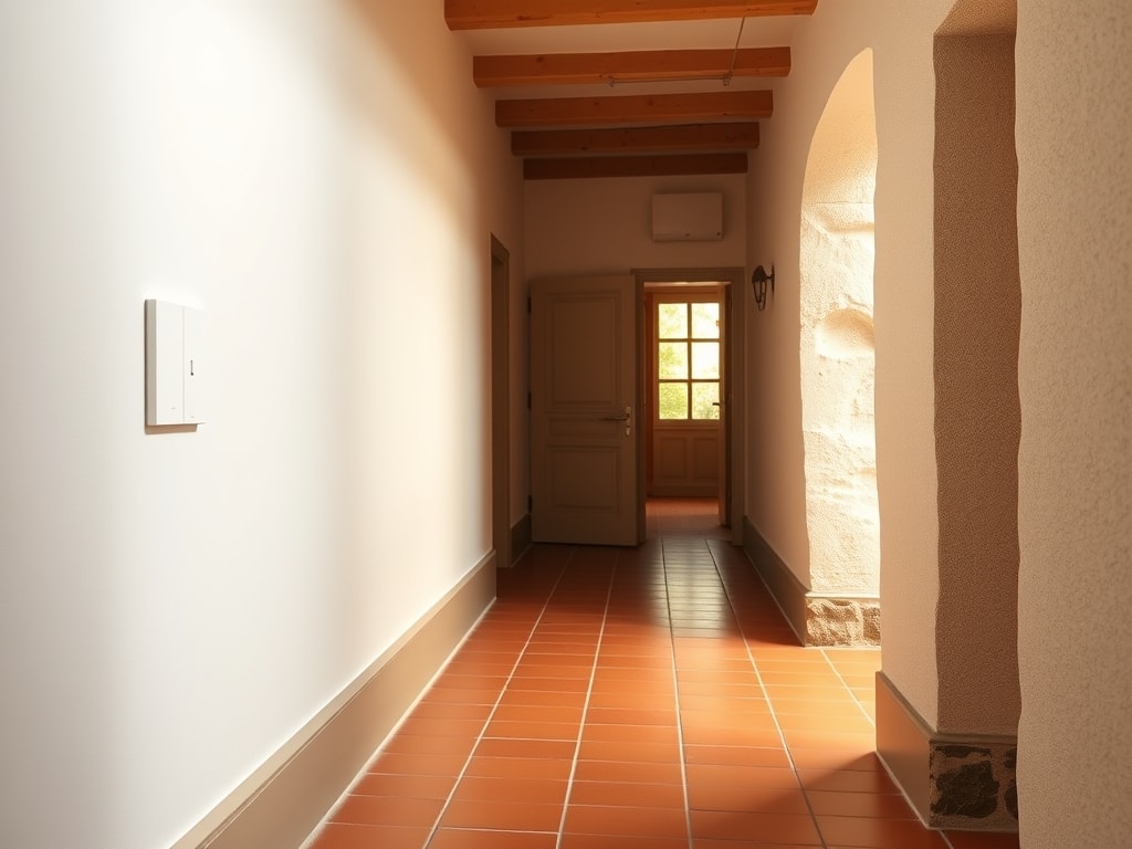 Couloir aux tomettes et poutres avec coffret électrique fermé au mur