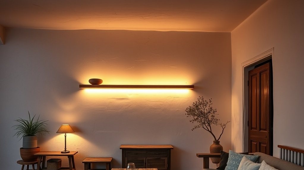 Réglette lumineuse en bois fixée au mur, halo chaud au-dessus et en dessous, séjour rustique le soir