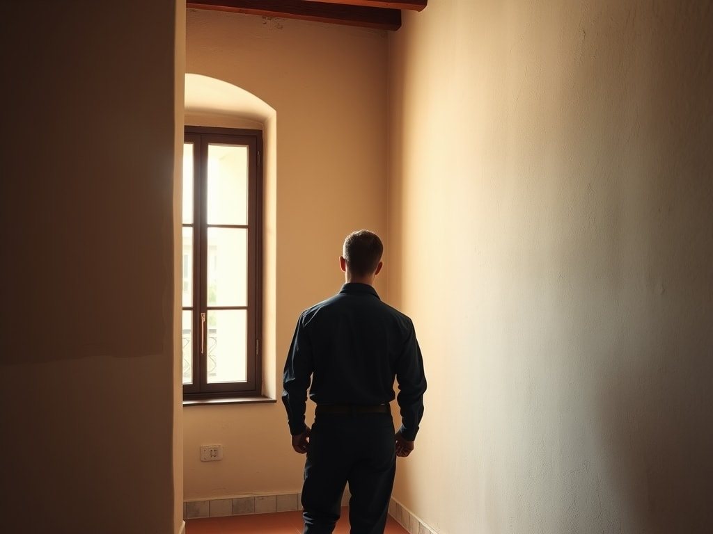 Électricien seul, de dos, debout dans une pièce vide aux murs ocre